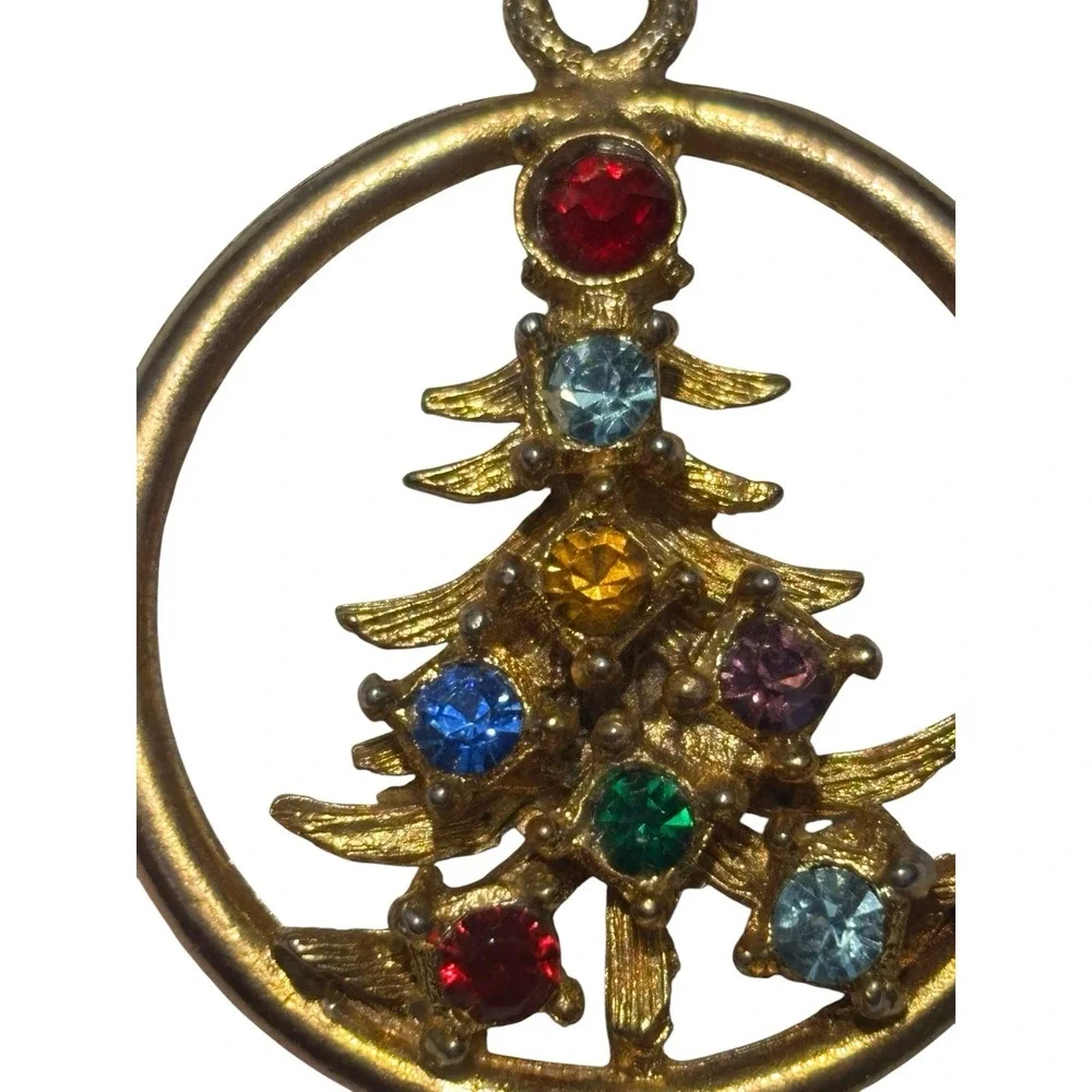 Vintage Gold Tone Colorful Rhinestone Christmas Tree Ribbon Ornament Brooch Pin